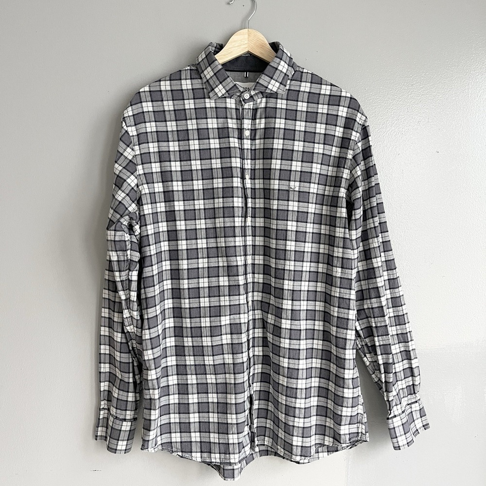 Brax Cosy Light Flannel Harold Gray Plaid Check Button Front Shirt Modern Fit‎ L